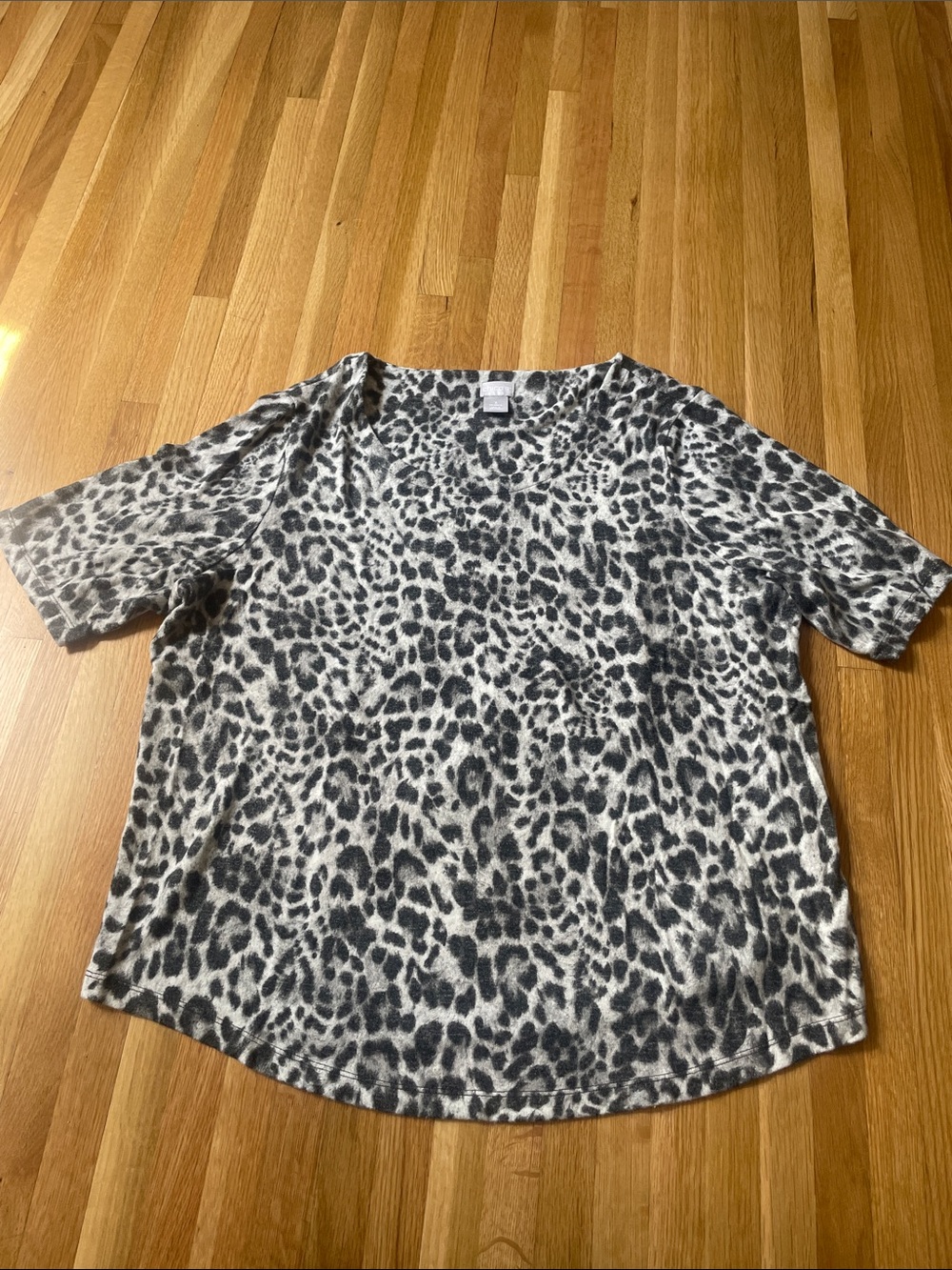 Chico’s Grey Fuzzy Leopard Print Short Sleeve Top